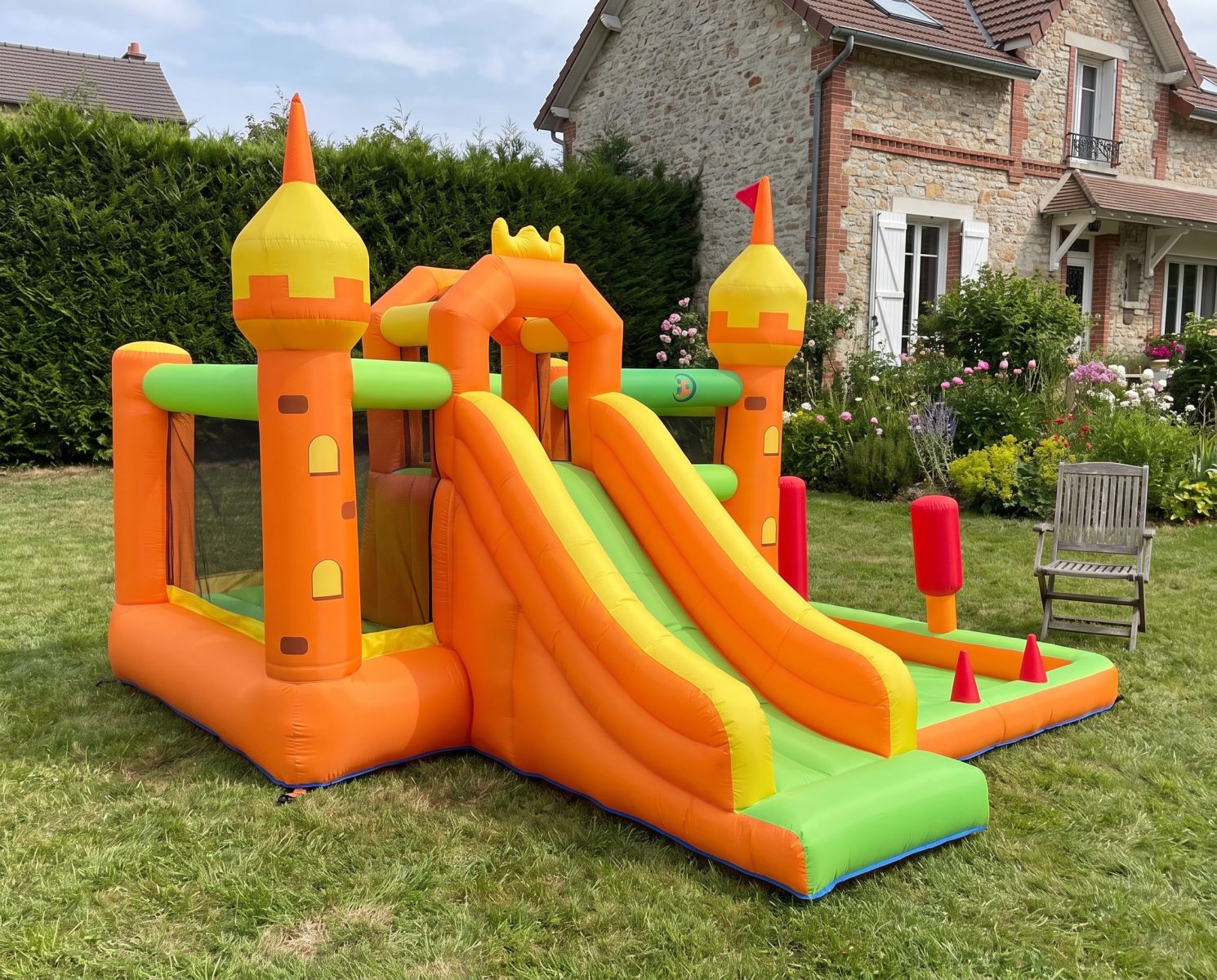 Le Château Royal, château gonflable installé dans un jardin (visuel d'illustration)